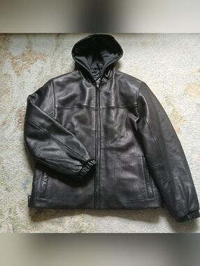 Black Leather Hoodie Jacket